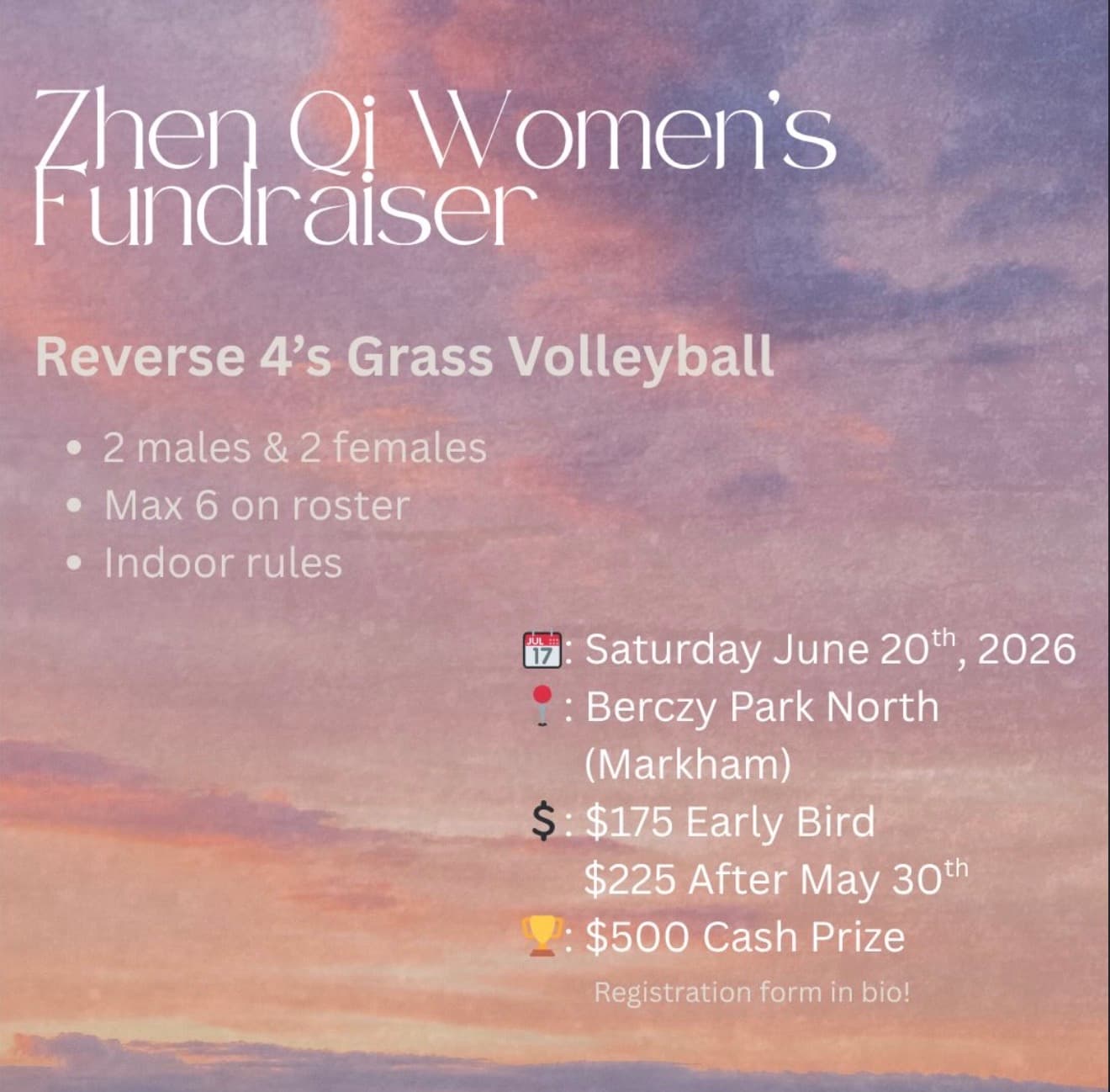 Zhen Qi Women's Fundraiser - Reverse 4s Grass Volleyball flyer